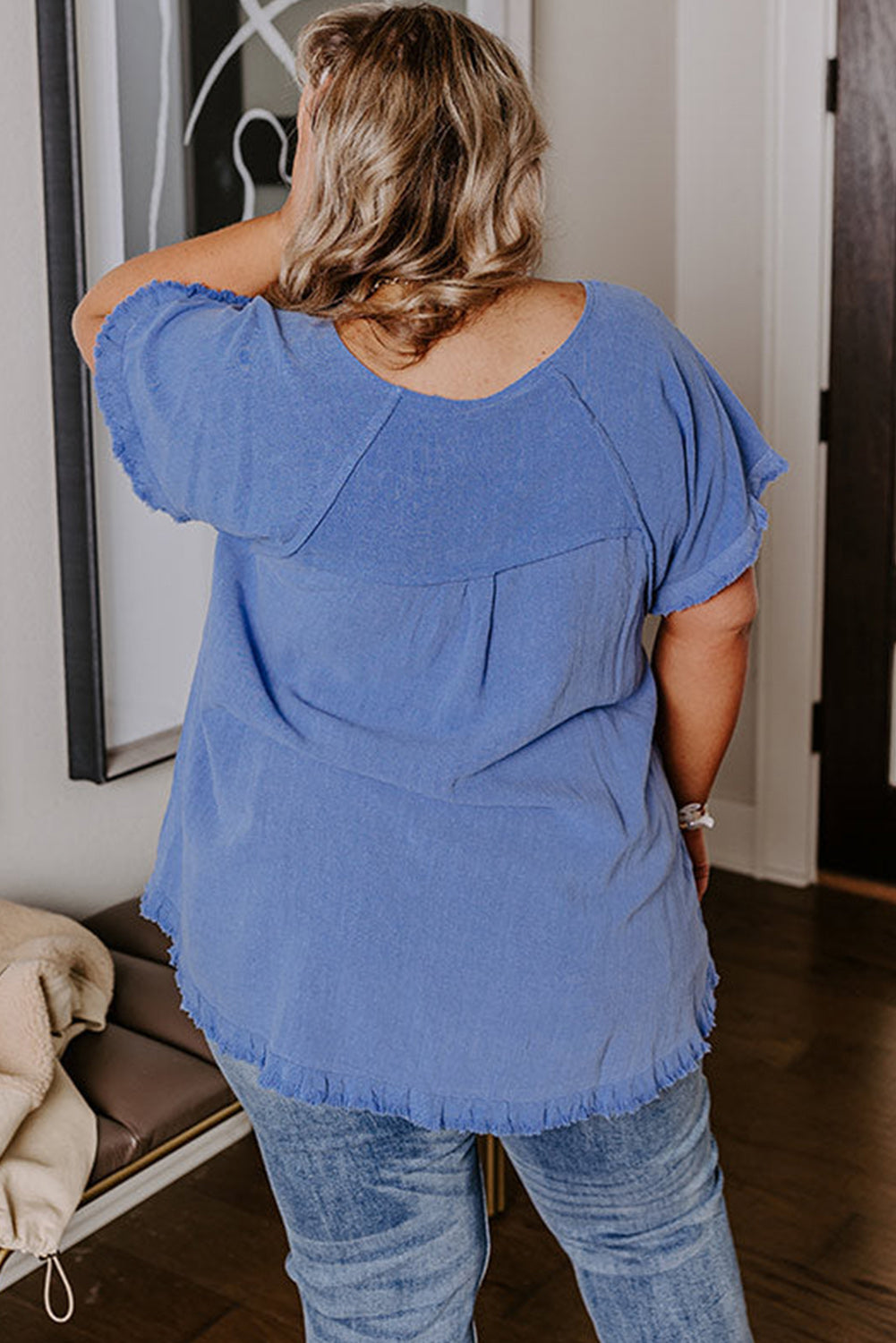 Ashleigh Blue Solid Color Short Sleeve Frayed Edge Plus Top Plus Size JT's Designer Fashion