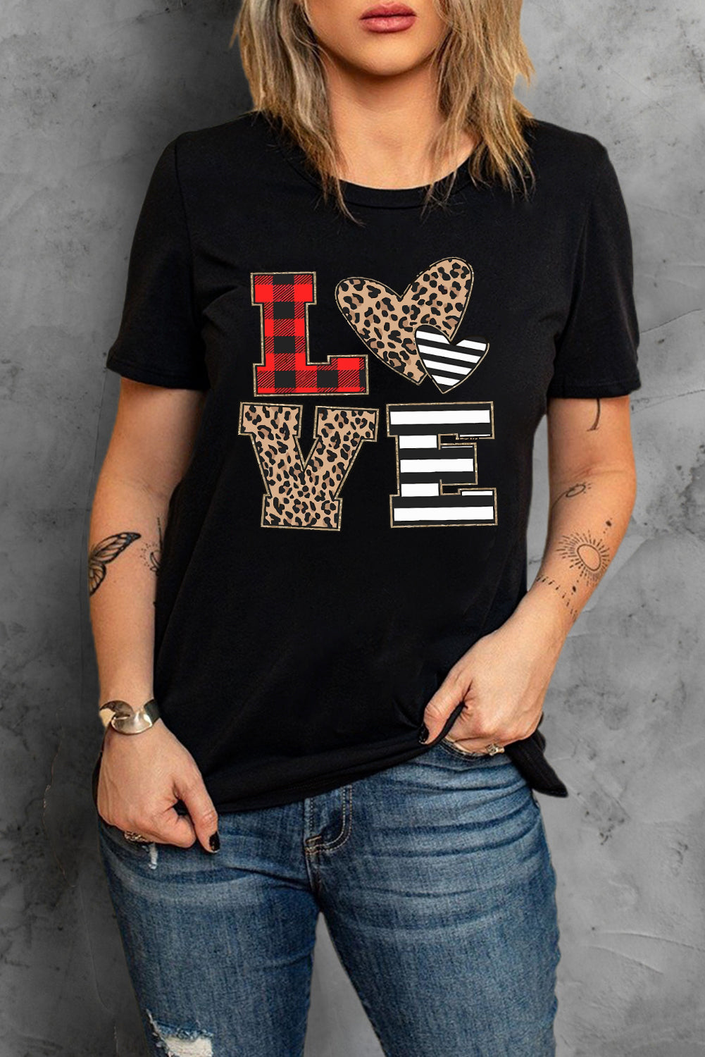 Black LOVE Heart Plaid Striped Leopard Print Graphic T Shirt Graphic Tees JT's Designer Fashion