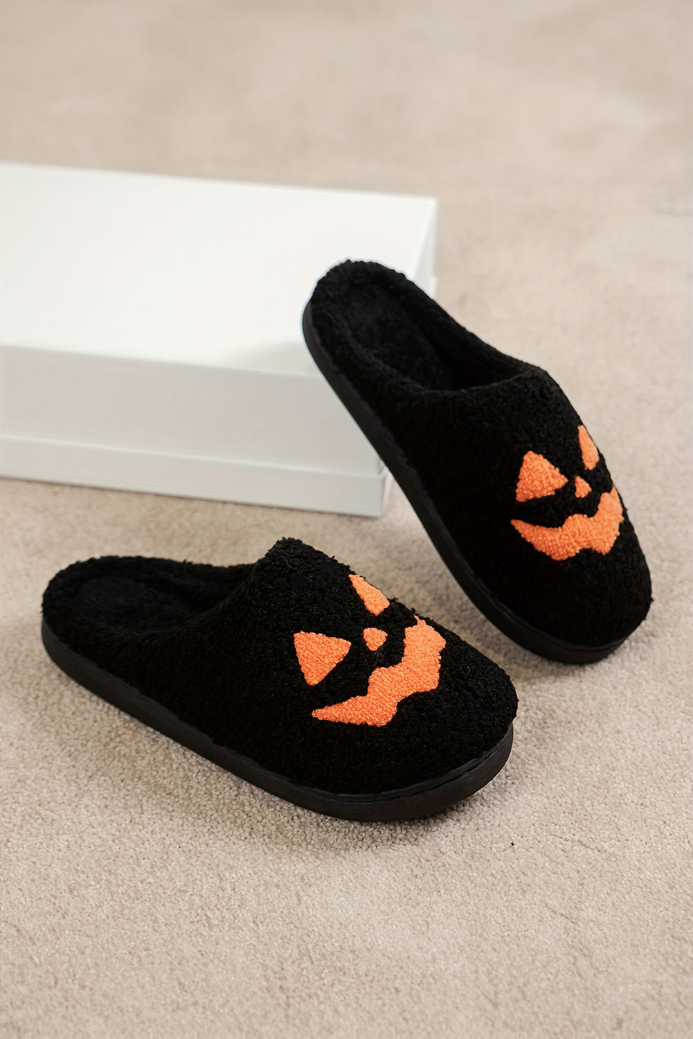 Black Halloween Pumpkin Face Graphic Plush Slippers Slippers JT's Designer Fashion