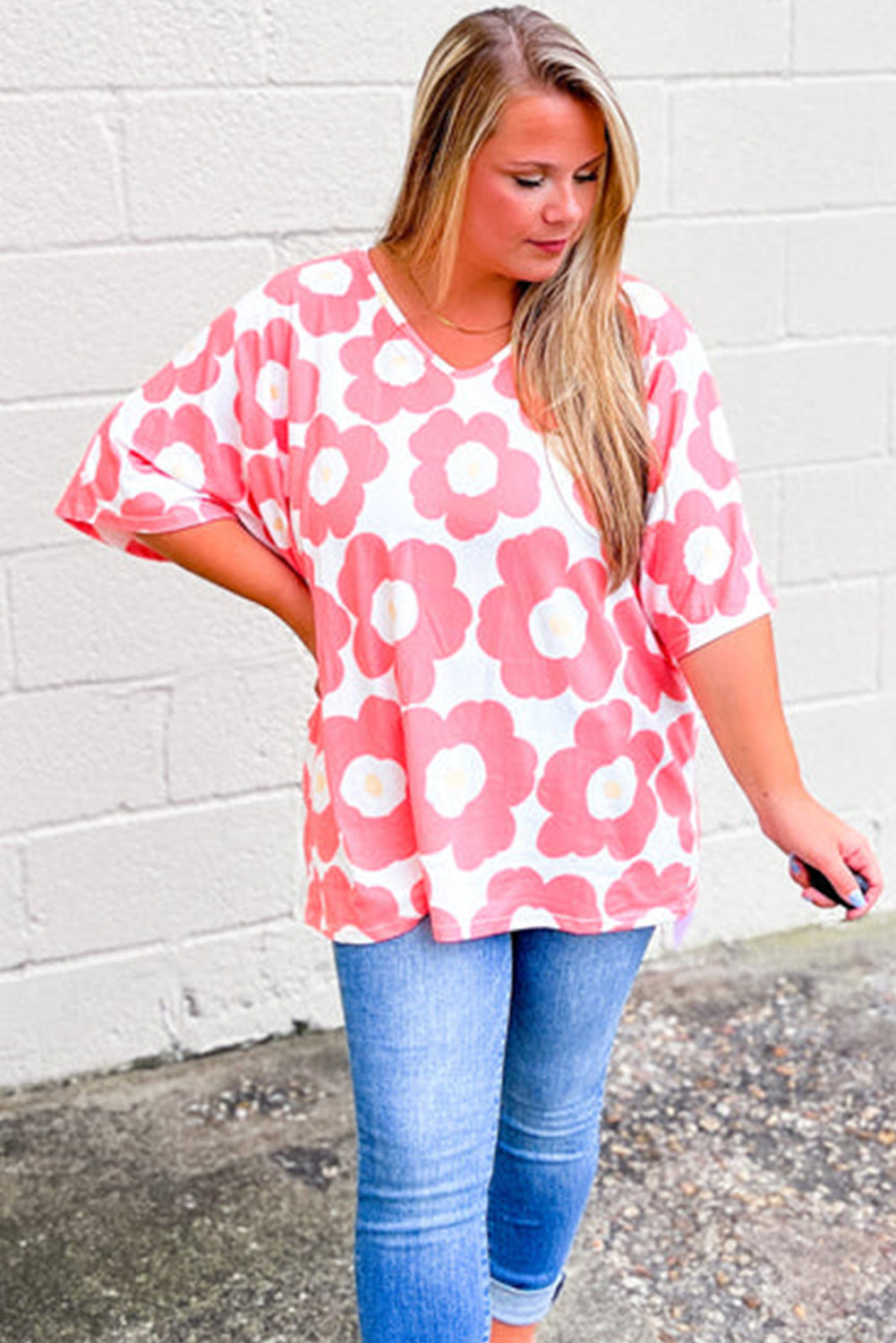 Pink Floral Print Half Sleeve V Neck Curvy T Shirt Plus Size JT's Designer Fashion