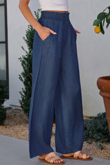 Sail Blue Side Pockets Frilled Smocked High Waist Wide Leg Jeans Jeans JT's Designer Fashion