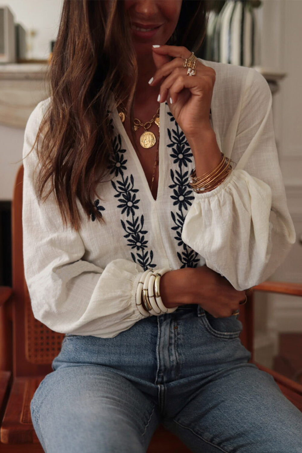 White Floral Embroidered Frilled V Neck Puff Sleeve Blouse Blouses & Shirts JT's Designer Fashion