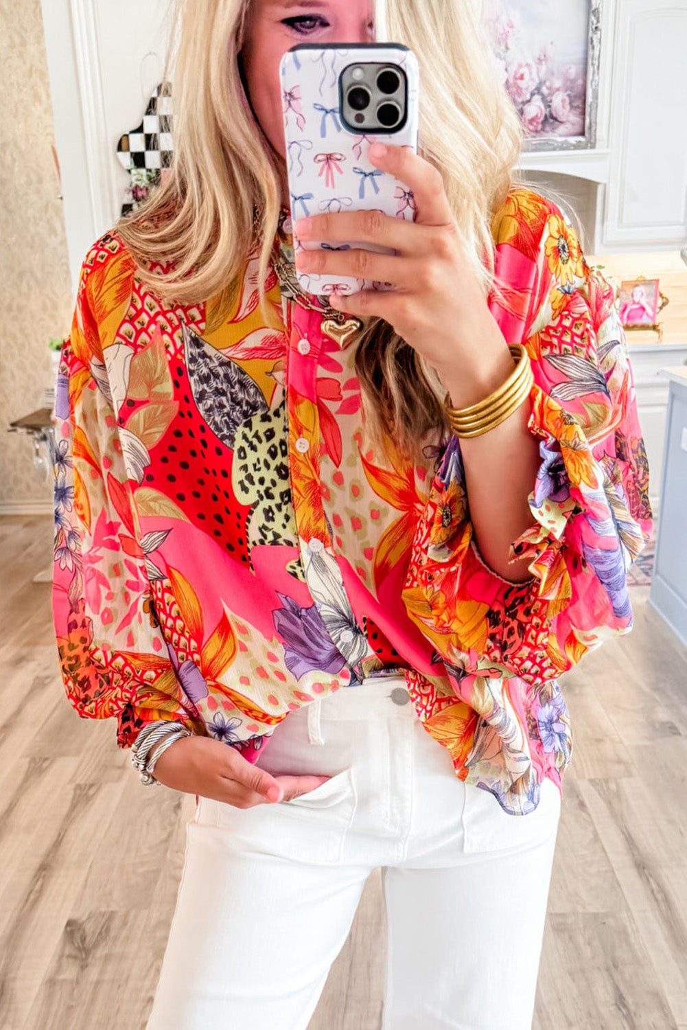 Red Abstract Floral Print Buttoned Ruffled Bubble Sleeve Shirt Blouses & Shirts JT's Designer Fashion