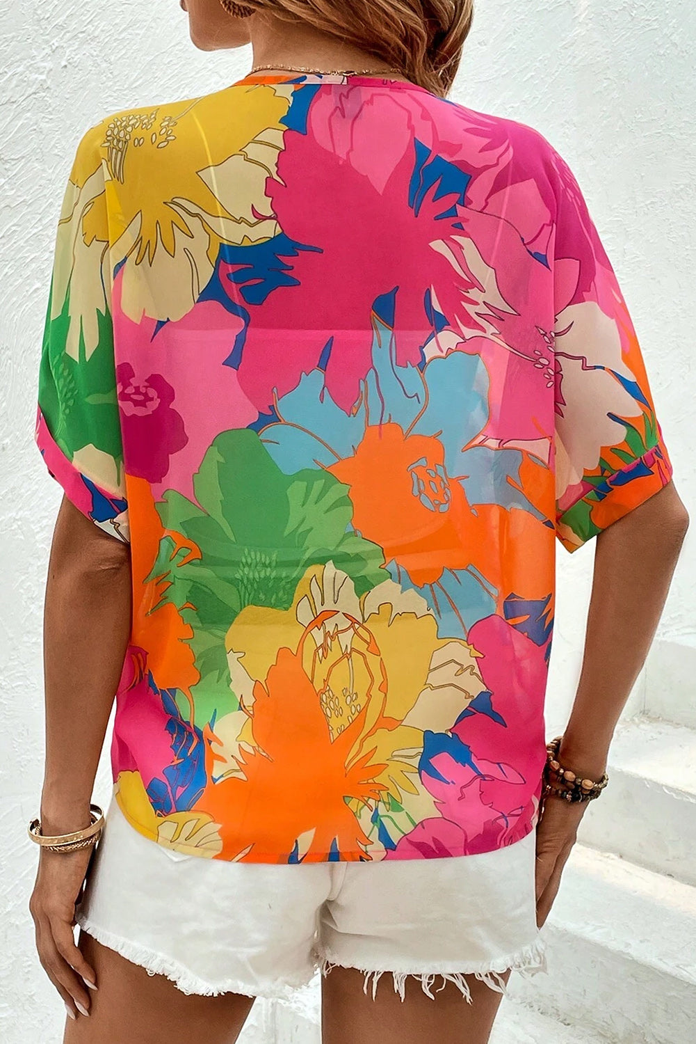 Multicolour Floral Print Folded Short Sleeve Shirt Blouses & Shirts JT's Designer Fashion