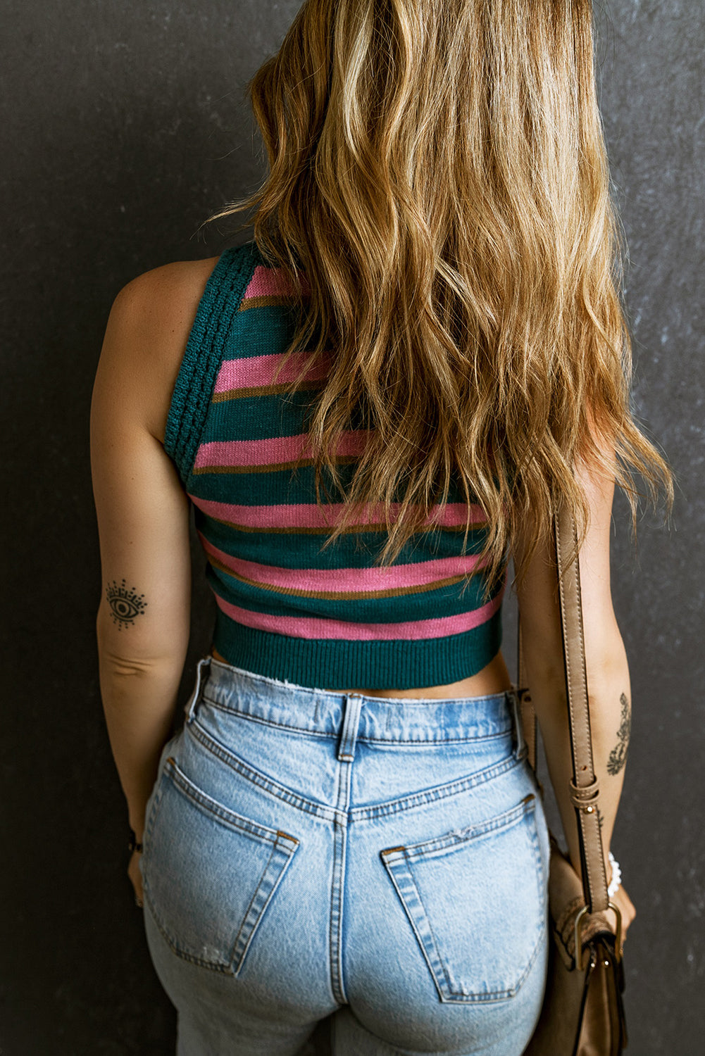 Pink Stripe Sleeveless Knit Cropped Sweater Top Tops & Tees JT's Designer Fashion