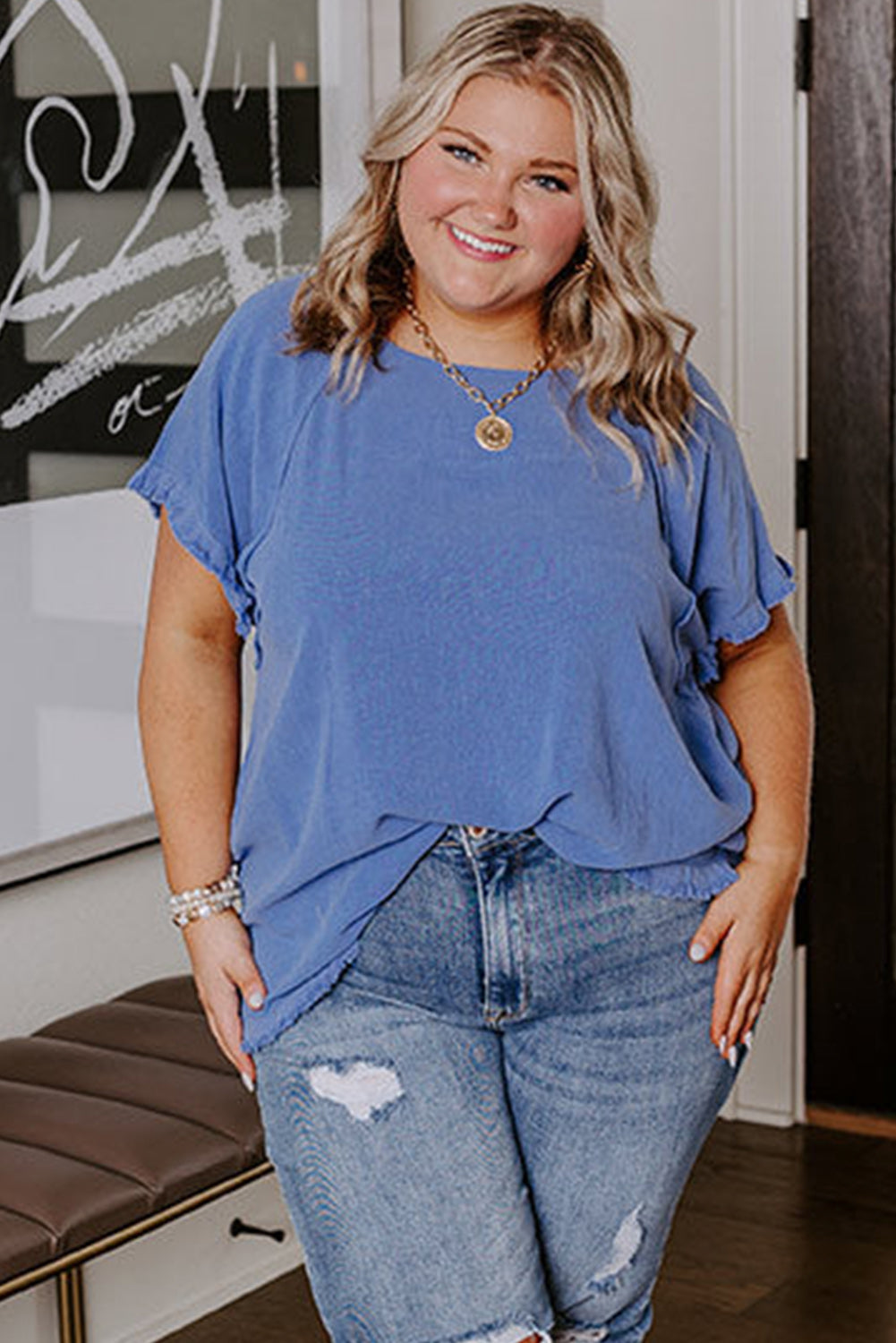 Ashleigh Blue Solid Color Short Sleeve Frayed Edge Plus Top Plus Size JT's Designer Fashion