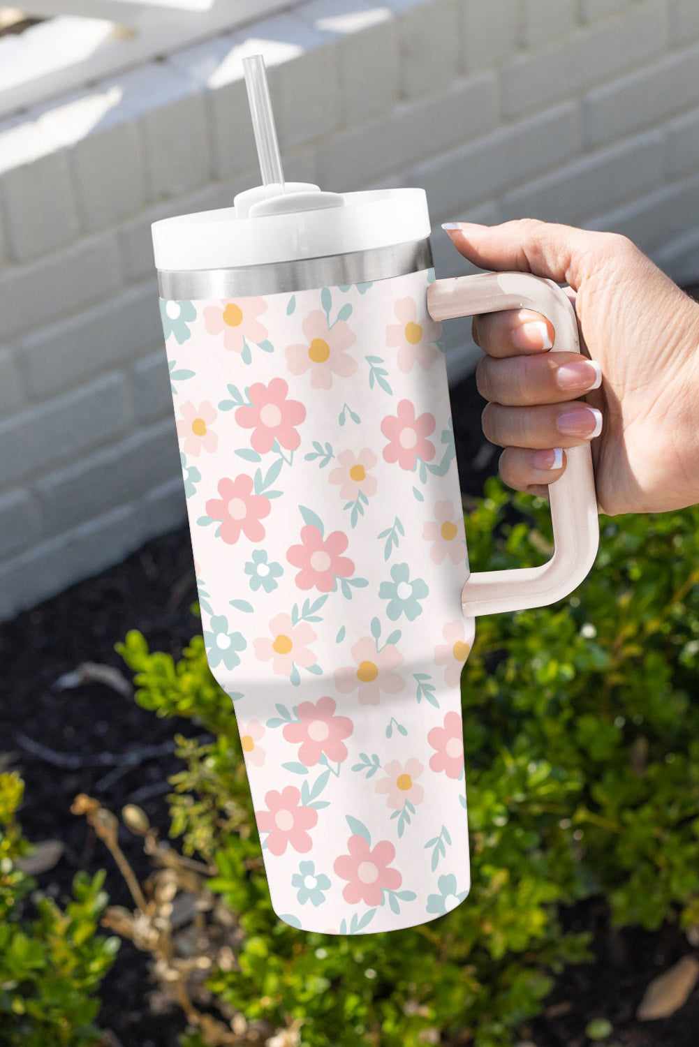 White Floral Pattern Stainless Vacuum Cup with Handle 40oz Tumblers JT's Designer Fashion