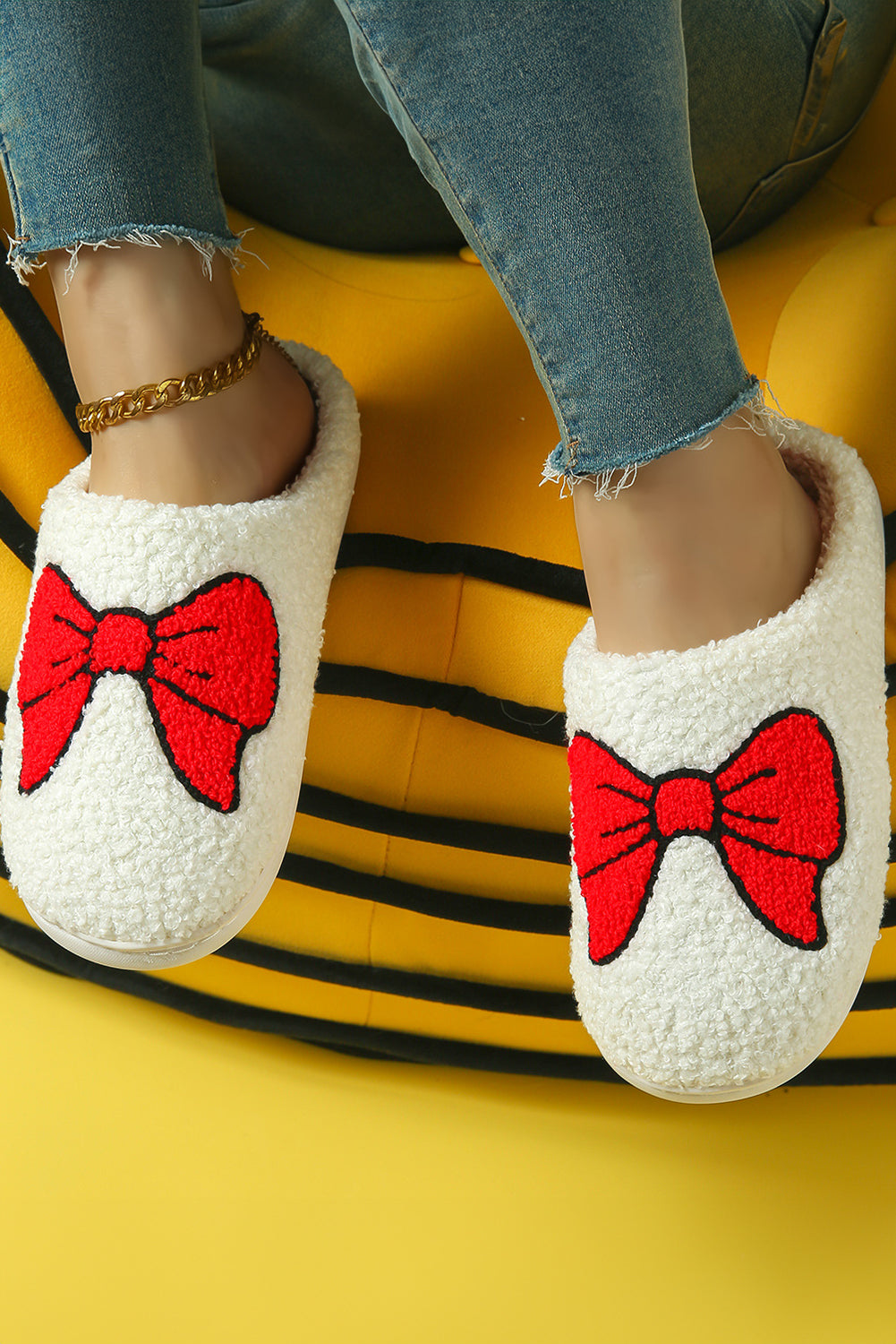 White Sweet Bow Knot Plush Warm Slippers Slippers JT's Designer Fashion