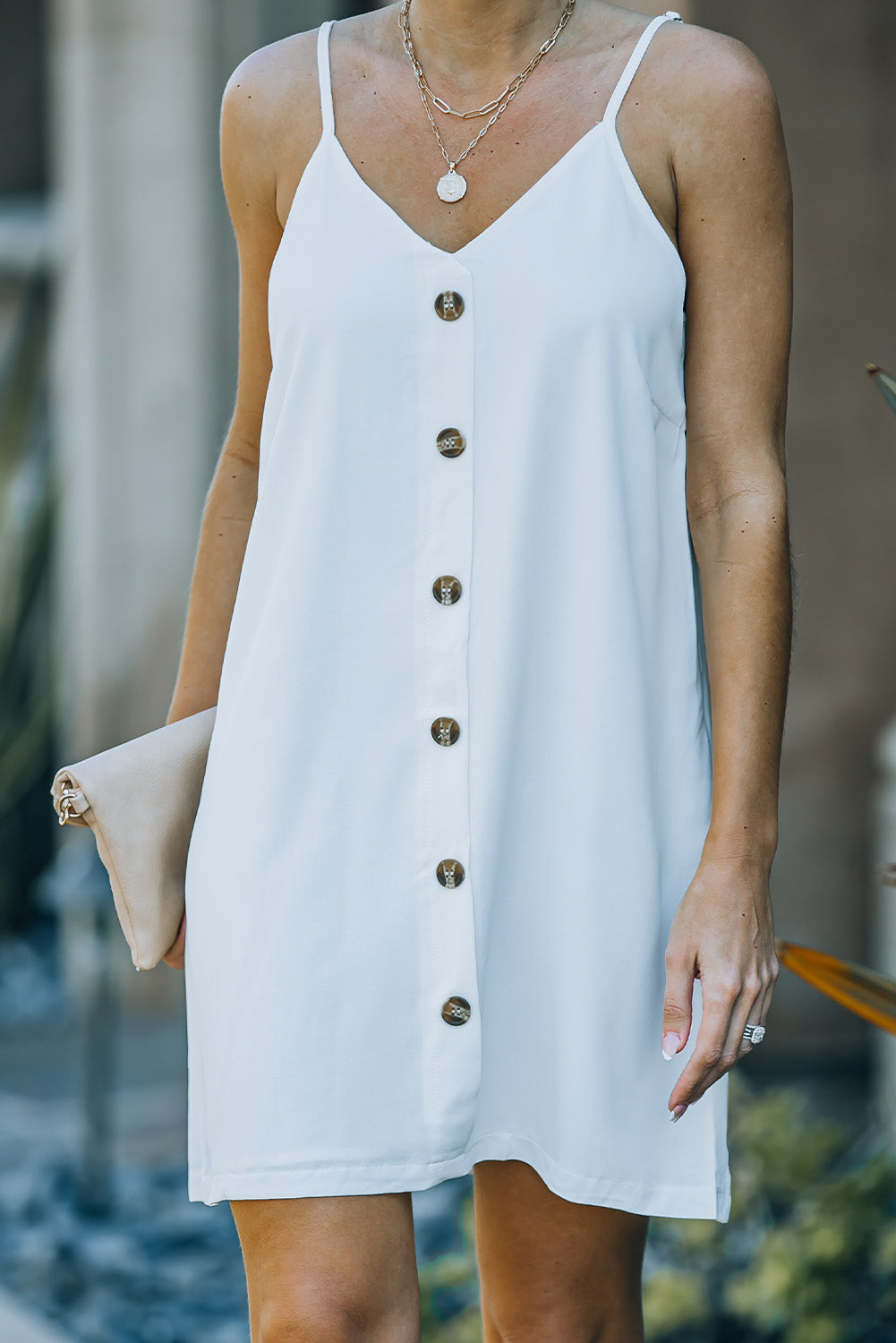 White Buttoned Slip Dress Mini Dresses JT's Designer Fashion