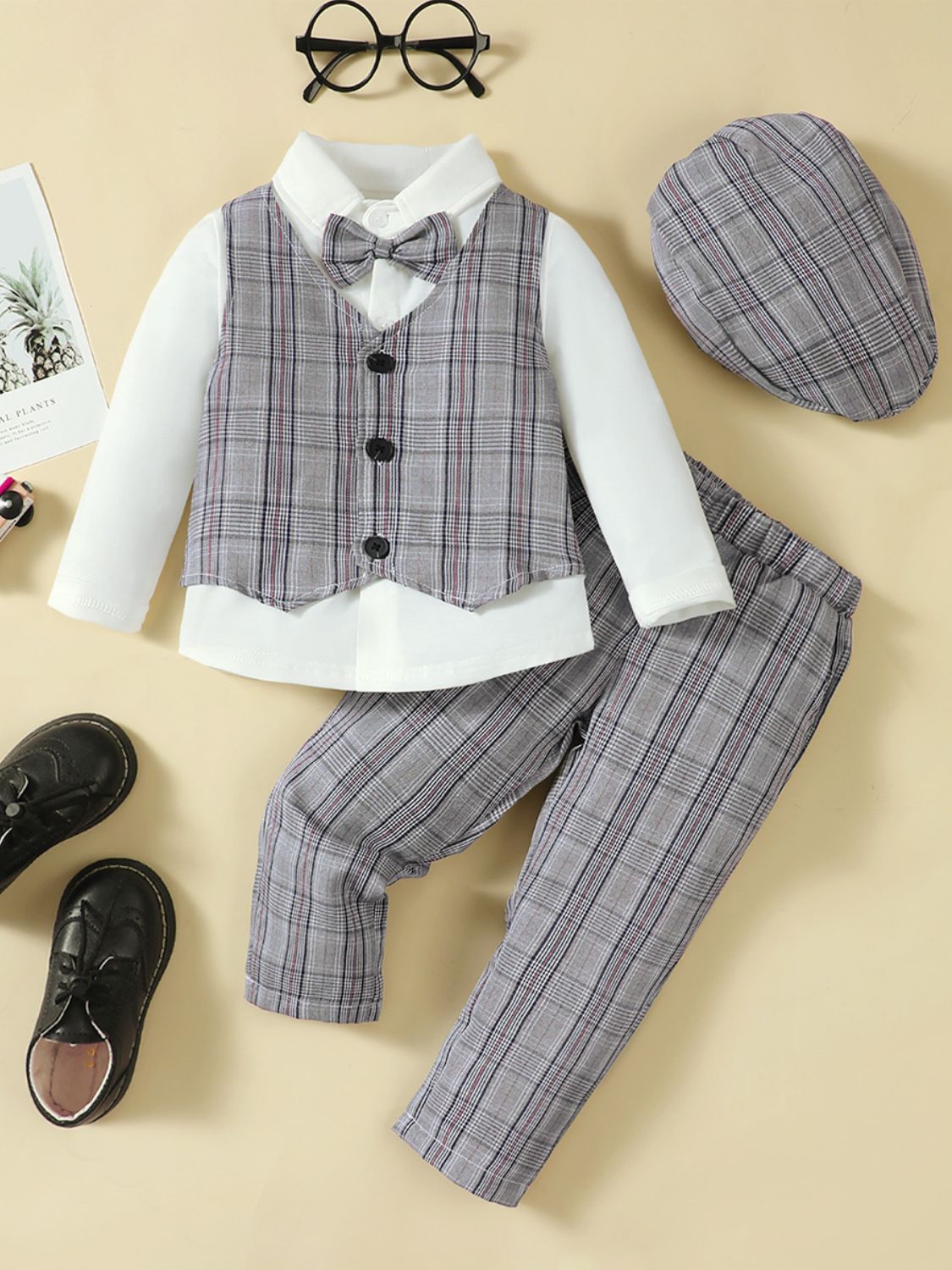 Hat, Long Sleeve Shirt, Plaid Vest and Pants 4-Piece Set Black White Children's Apparel JT's Designer Fashion