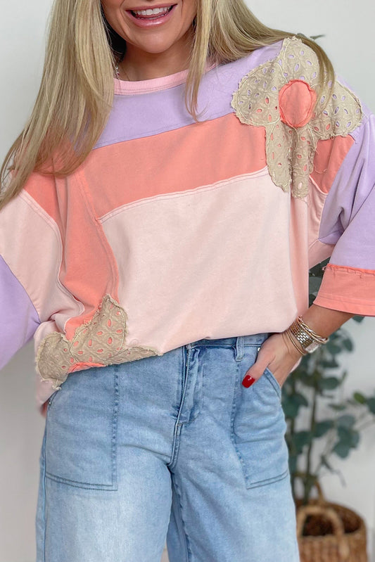 Apricot Pink Flower Patched Color Block Long Sleeve T Shirt