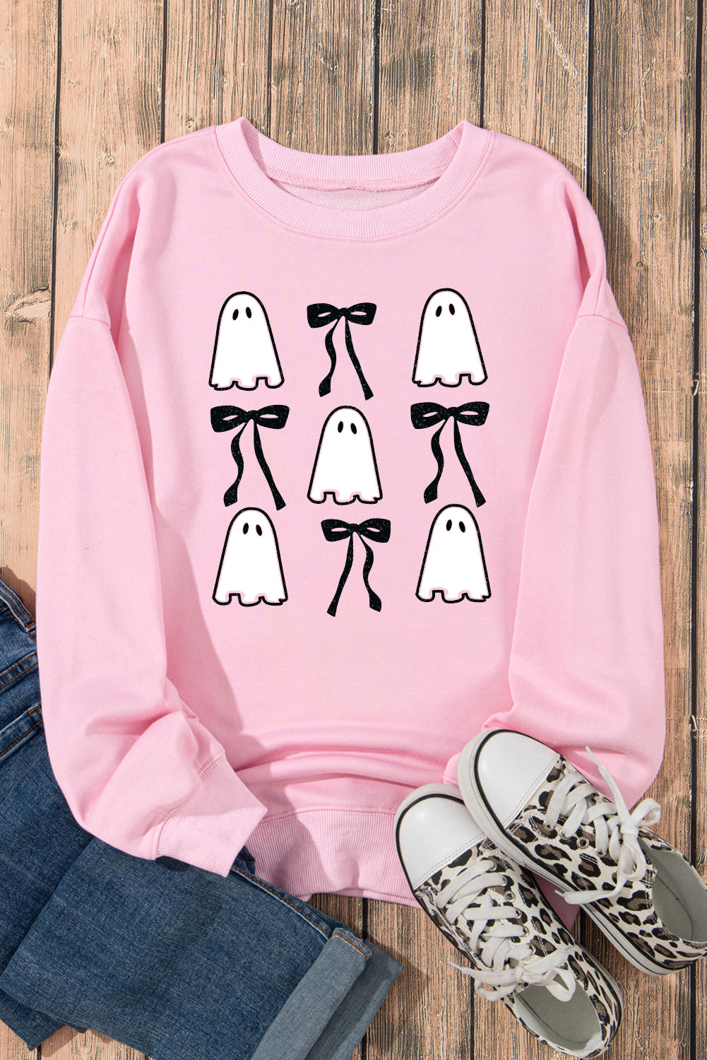 Pink Ghost Bowknot Printed Drop Shoulder Halloween Sweatshirt Graphic Sweatshirts JT's Designer Fashion