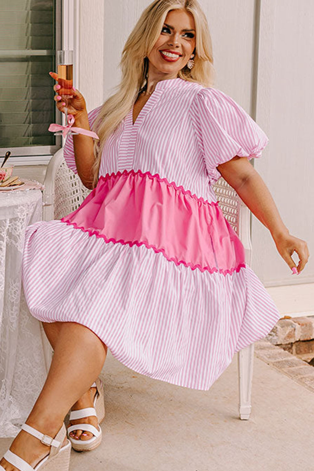 Pink Ricrac Block Accent Puff Short Sleeve Flowy Plus Dress Plus Size JT's Designer Fashion