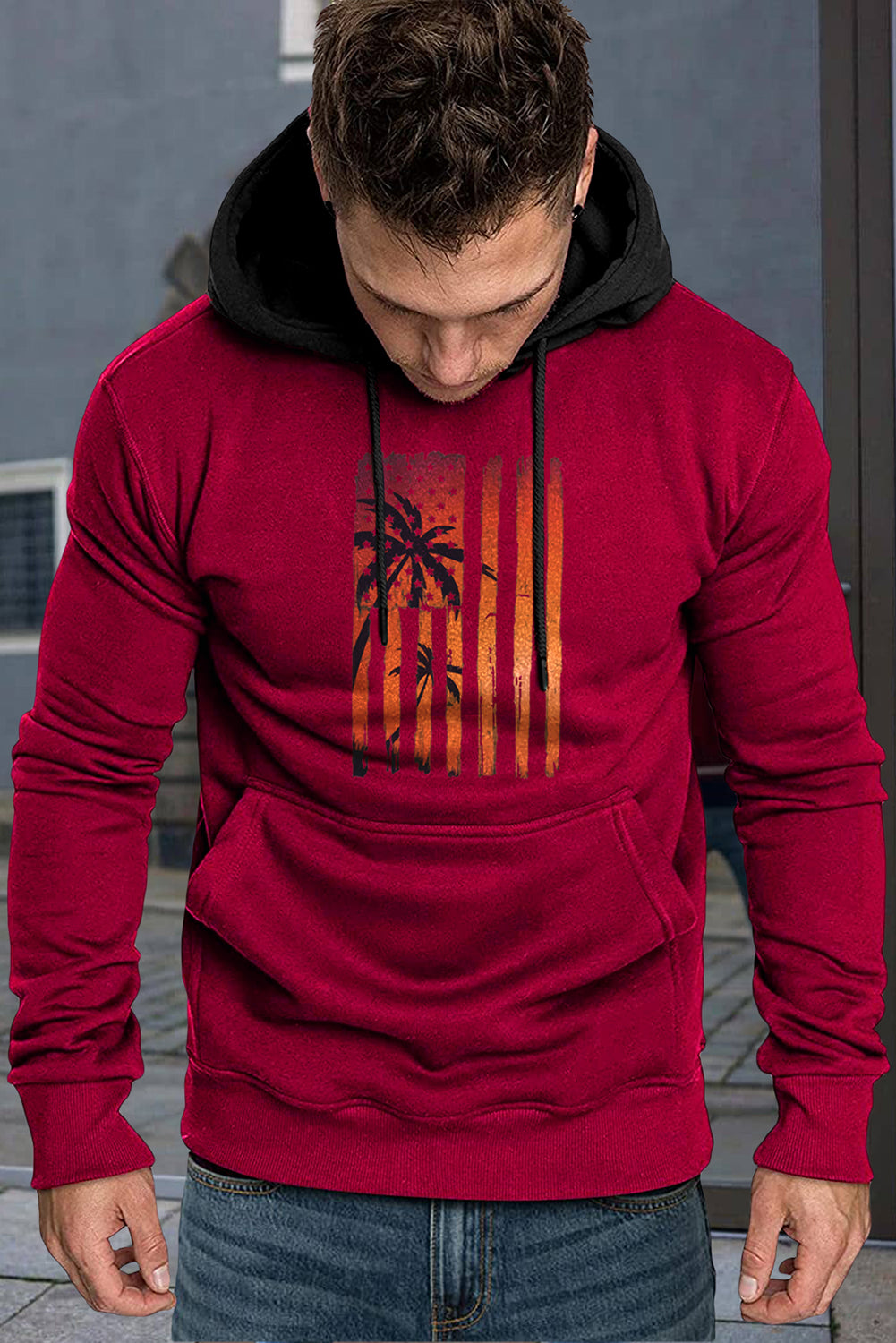 Fiery Red Men's American Flag Graphic Print Pocket Color Block Hoodie Fiery Red Men's Tops JT's Designer Fashion
