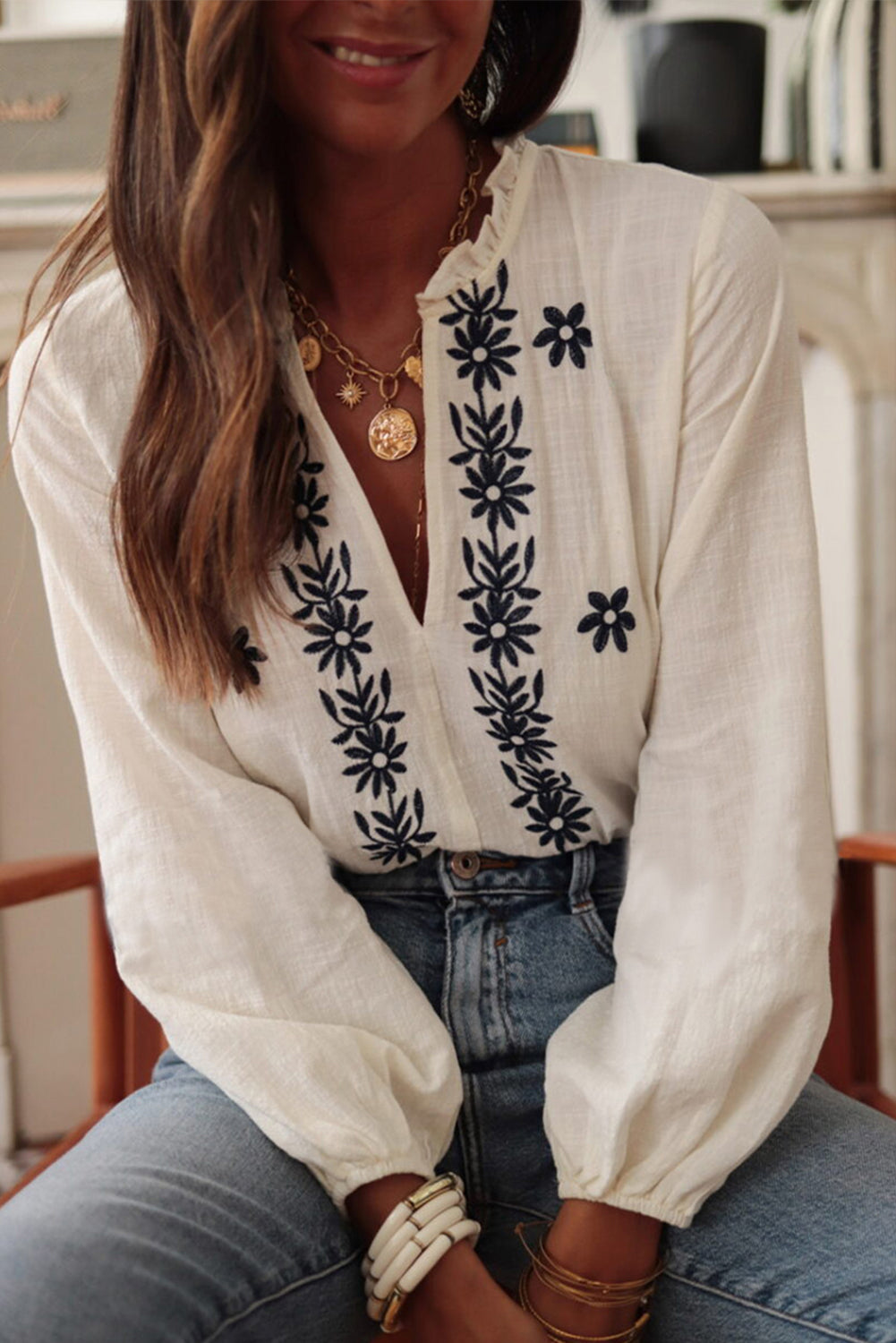 White Floral Embroidered Frilled V Neck Puff Sleeve Blouse Blouses & Shirts JT's Designer Fashion