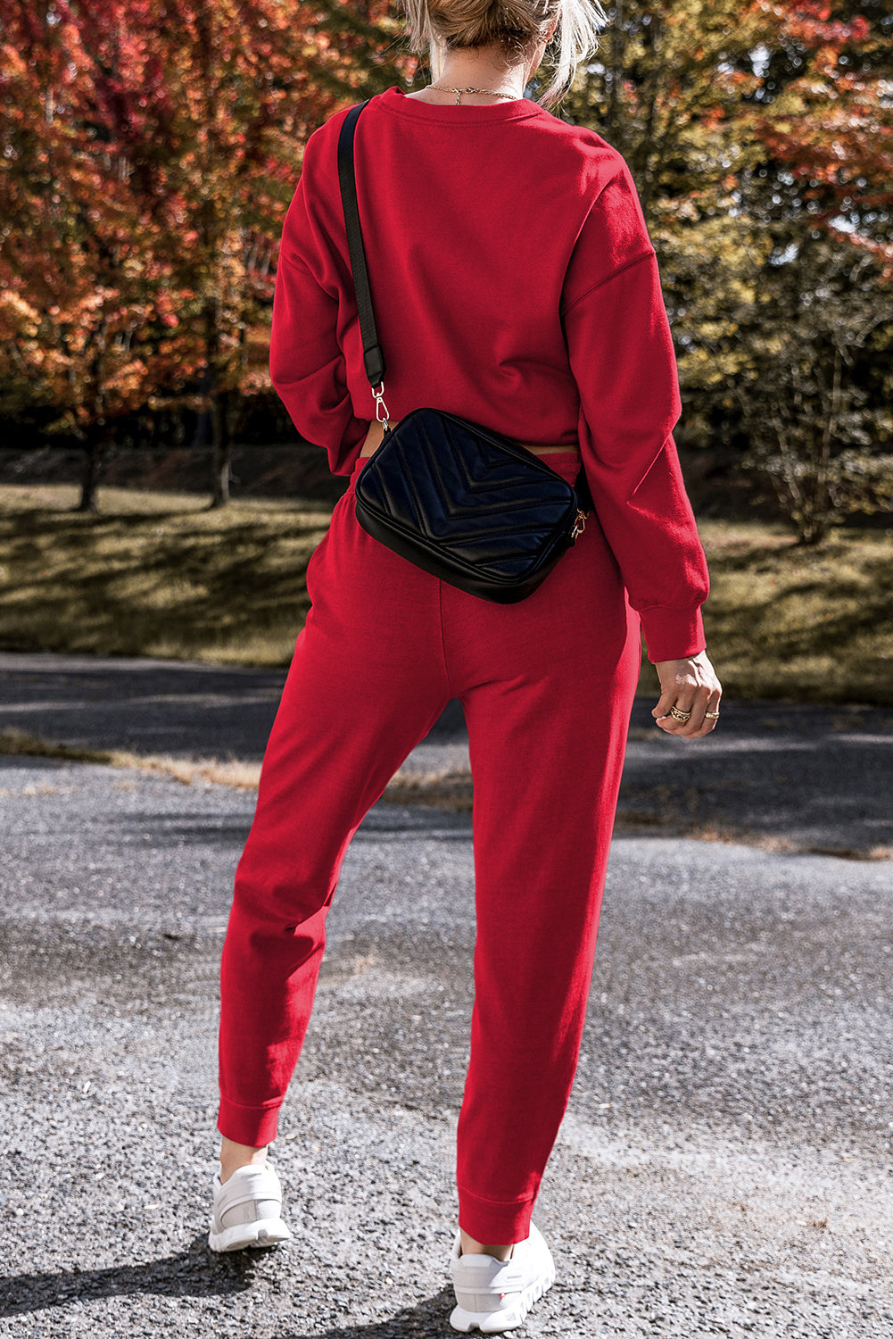 Racing Red Solid Color High Low Pullover and Skinny Pants Set Pant Sets JT's Designer Fashion