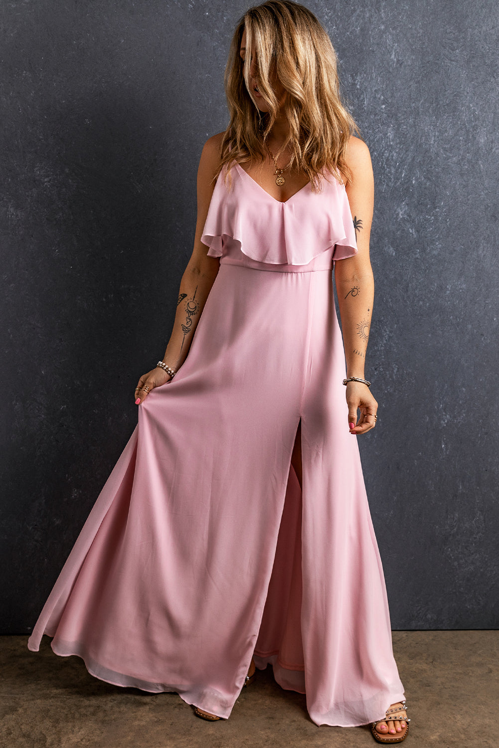 Light Pink Spaghetti Straps V Neck Ruffled Split Long Dress Dresses JT's Designer Fashion