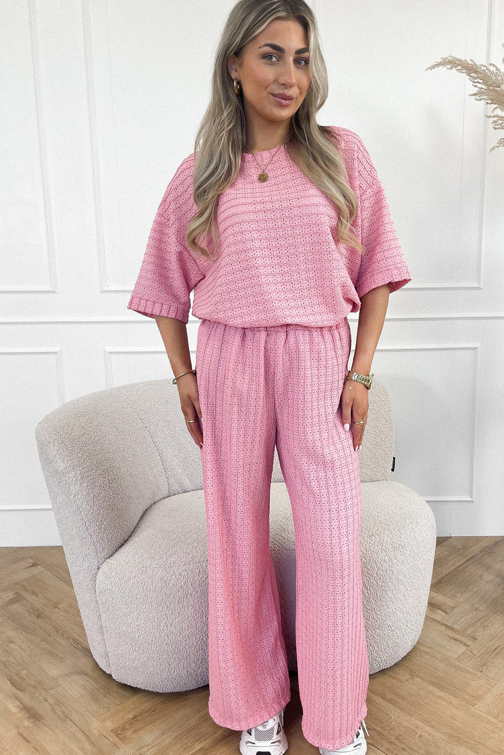 Pink Textured Half Sleeve Tee and Wide Leg Pants Set Bottoms JT's Designer Fashion