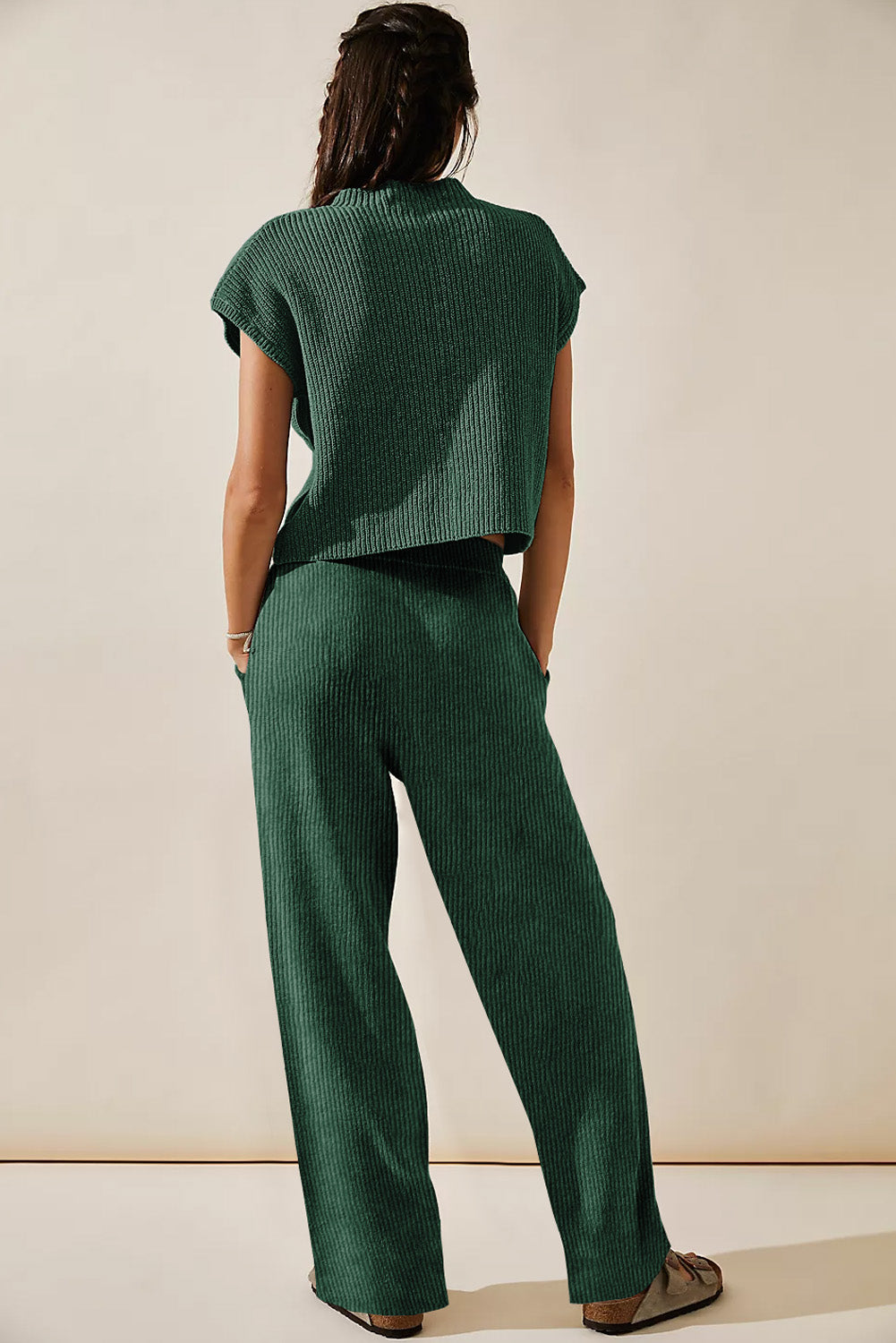 Green Knitted V Neck Sweater and Casual Pants Set Pant Sets JT's Designer Fashion