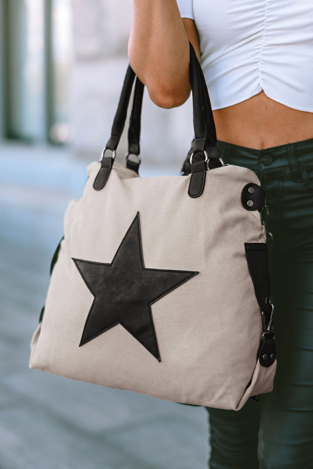 Beige Casual Five-pointed Star Canvas Tote Bag Handbags JT's Designer Fashion