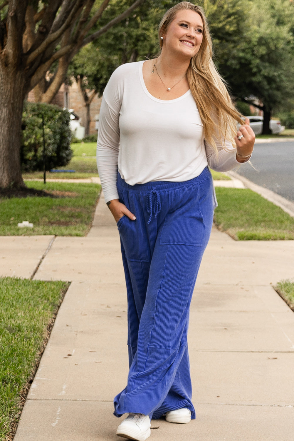 Sky Blue Corded Drawstring High Waist Pocket Plus Size Wide Leg Pants Plus Size Bottoms JT's Designer Fashion