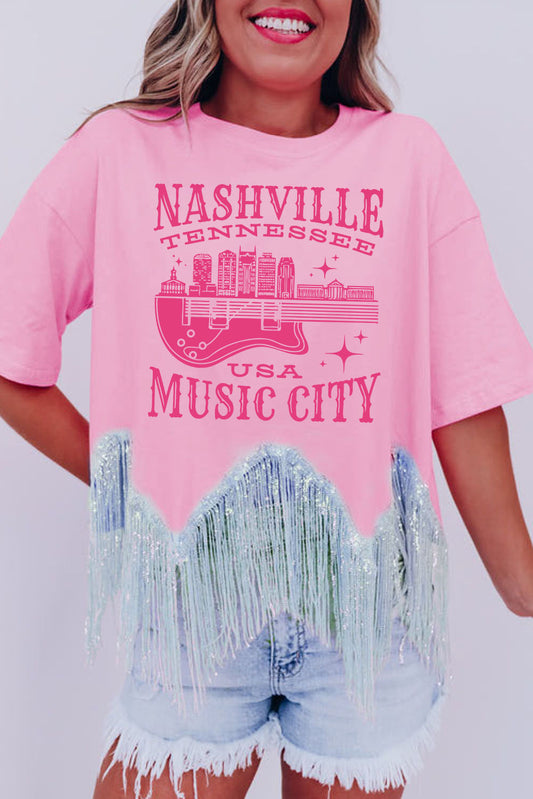 Pink NASHVILE MUSIC CITY Graphic Sequin Fringed Hem Tee Graphic Tees JT's Designer Fashion