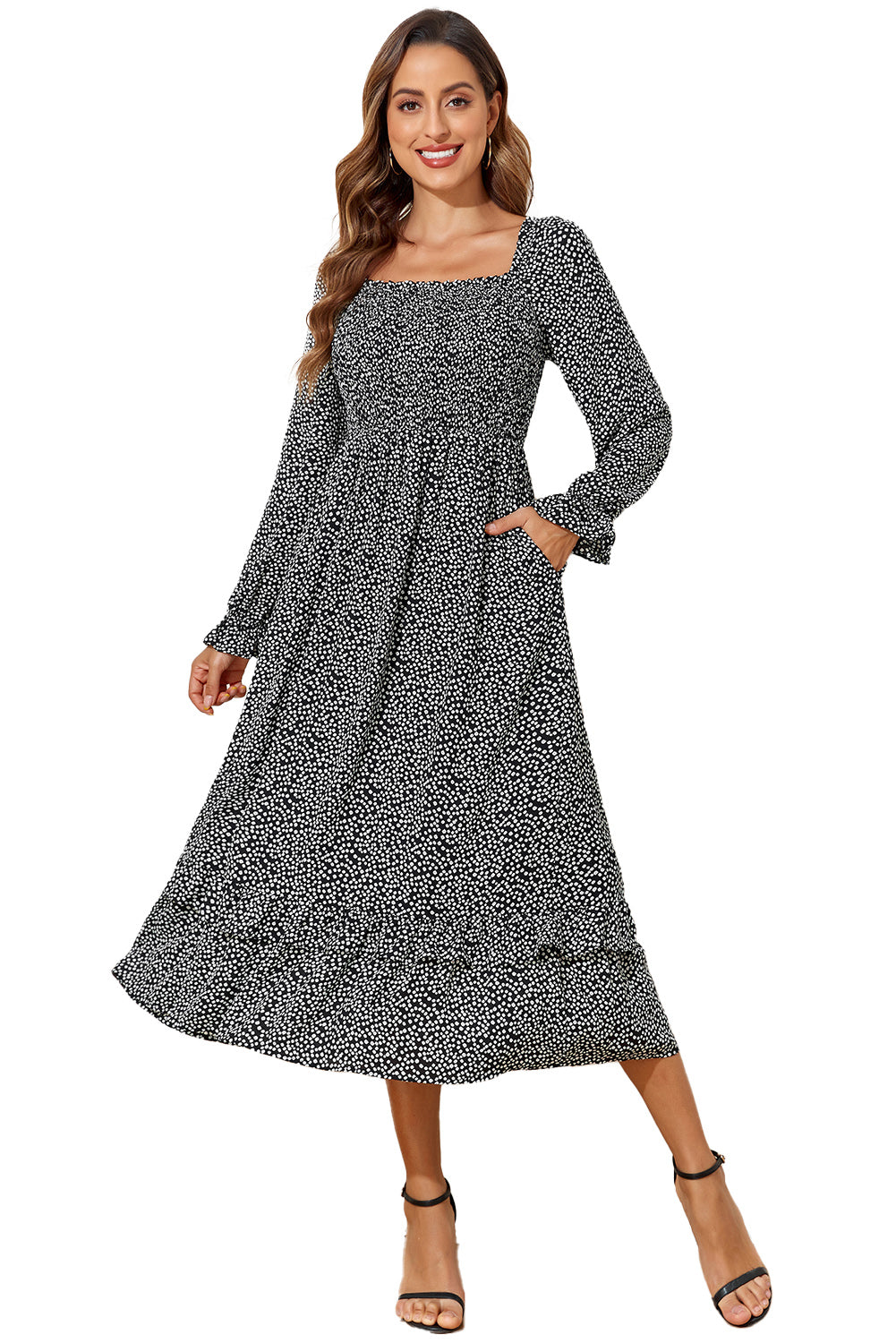 Black Floral Printed Long Sleeve Square Neck Midi Dress Floral Dresses JT's Designer Fashion