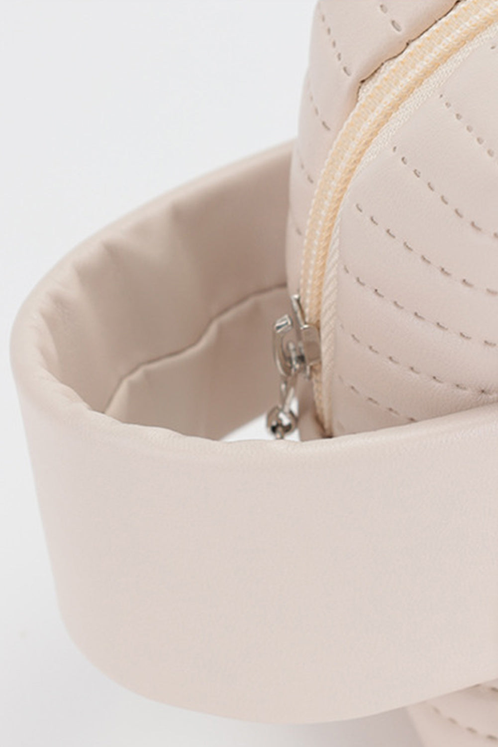 Beige Stitching PU Leather Round Zipped Side Handle Makeup Bag Makeup Bags JT's Designer Fashion