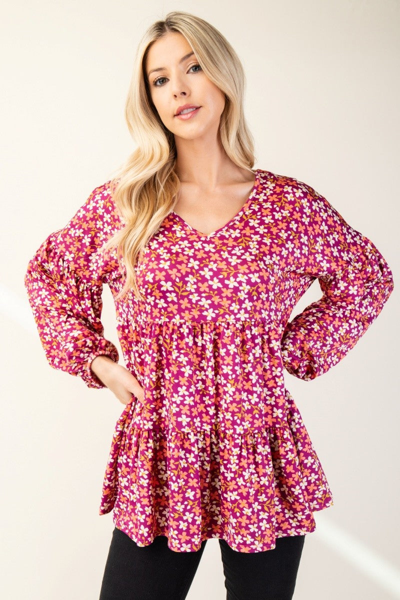 Full Size Floral V-Neck Balloon Sleeve Blouse Long Sleeve Tops JT's Designer Fashion