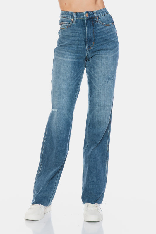 Judy Blue Full Size Tummy Control Cut Raw Hem Straight Jeans Medium Jeans JT's Designer Fashion