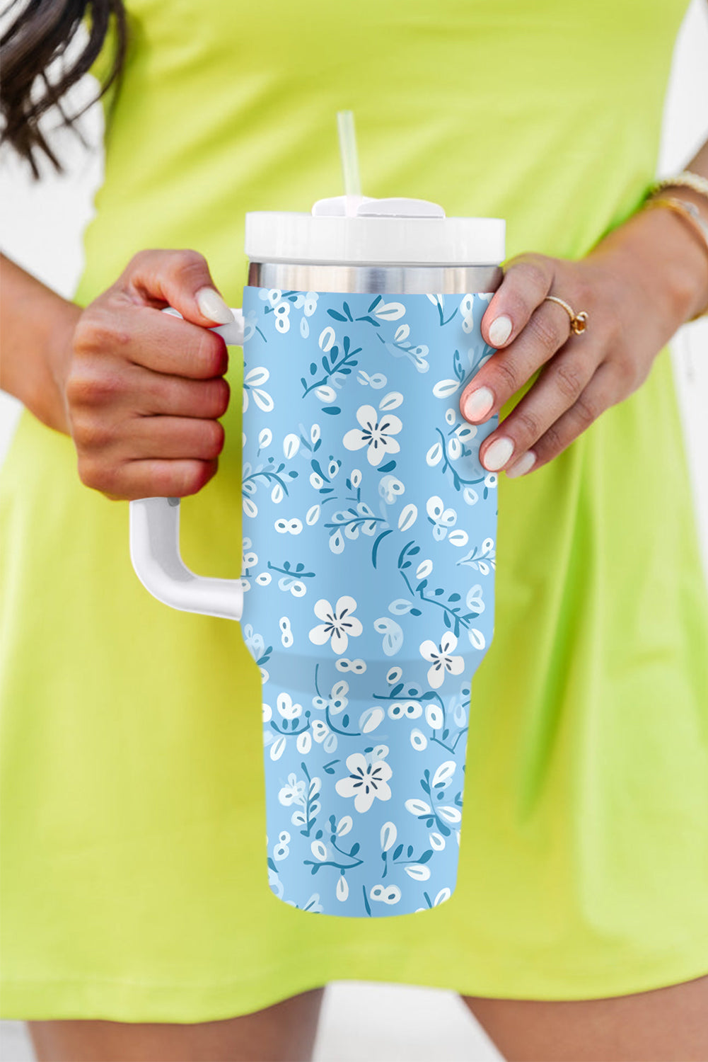 Light Blue Floral Print Stainless Steel Vacuum Cup 40oz Tumblers JT's Designer Fashion