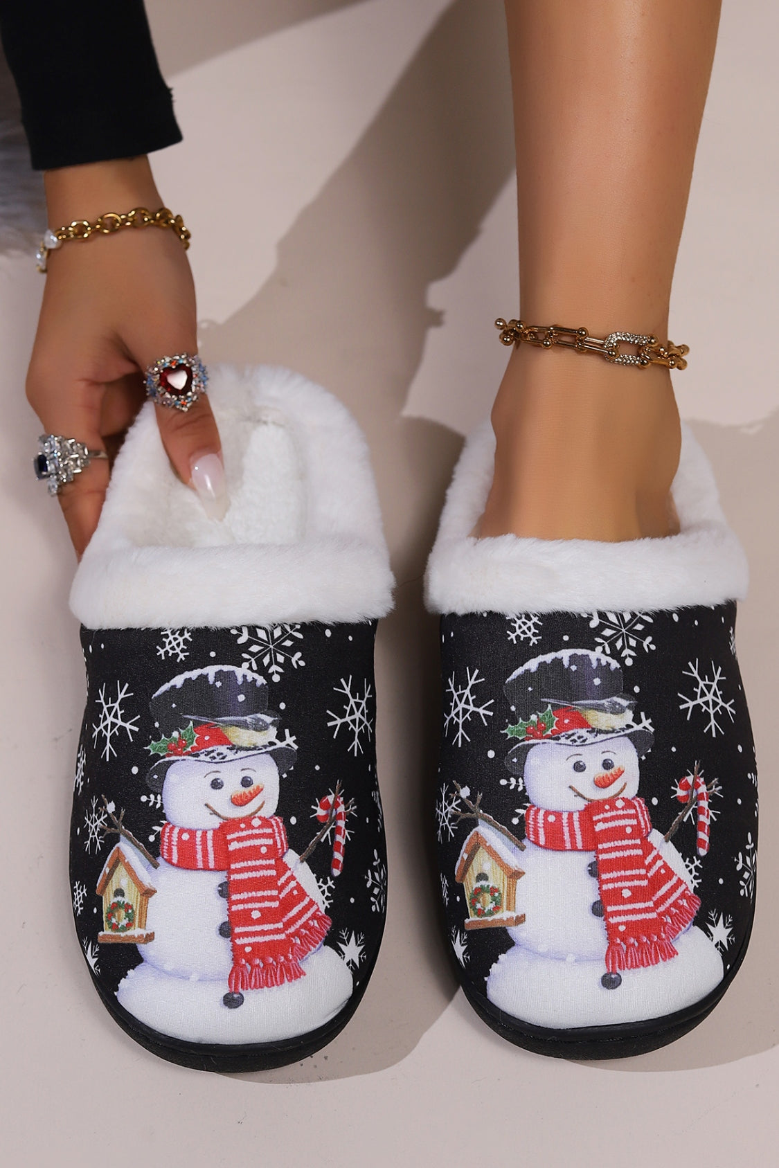 Snowman Round Toe Faux Fur Slippers Black Slippers JT's Designer Fashion