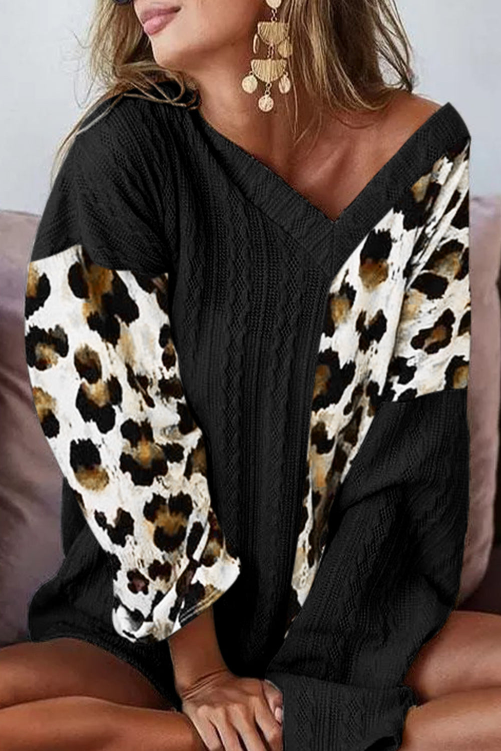 Black Asymmetric Leopard Patchwork Wide Sleeve V Neck Sweater Sweaters & Cardigans JT's Designer Fashion