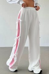 White Elastic Waist Colorblock Patchwork Side Bowtie Wide Leg Pants Bottoms JT's Designer Fashion