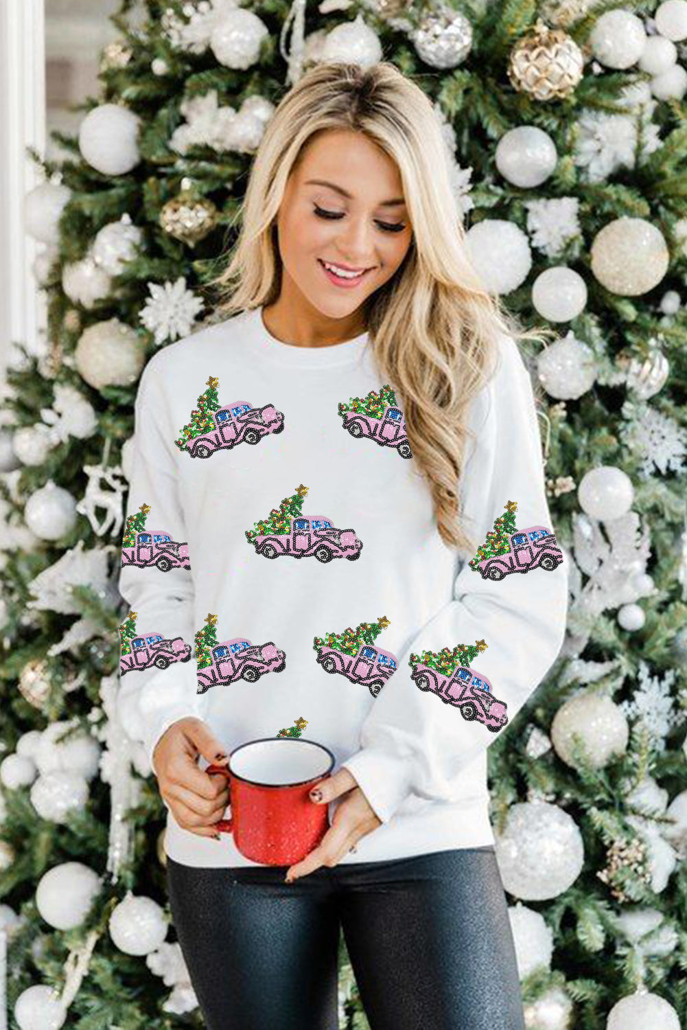 Beige A Truck of Christmas Tree Christmas Fashion Graphic Sweatshirt Graphic Sweatshirts JT's Designer Fashion