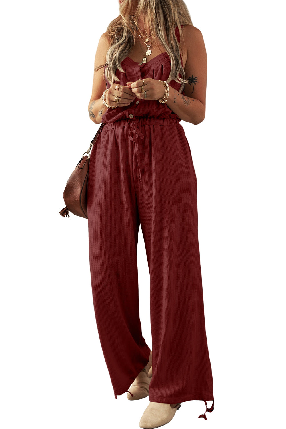 Red Dahlia Knotted Straps Button Textured Drawstring Jumpsuit Pre Order Bottoms JT's Designer Fashion