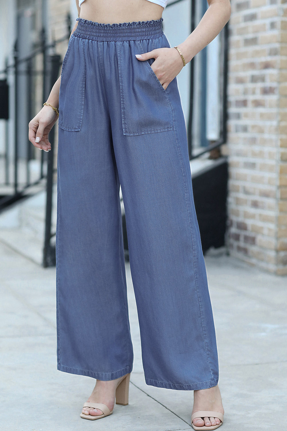 Sky Blue Side Pockets Frilled Smocked High Waist Wide Leg Jeans Bottoms JT's Designer Fashion