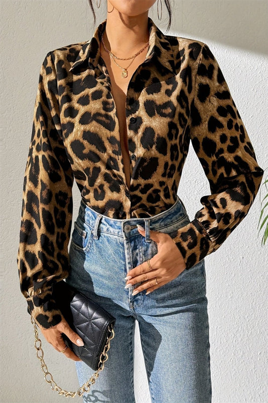 Leopard Collared Neck Long Sleeve Shirt Caramel Long Sleeve Tops JT's Designer Fashion