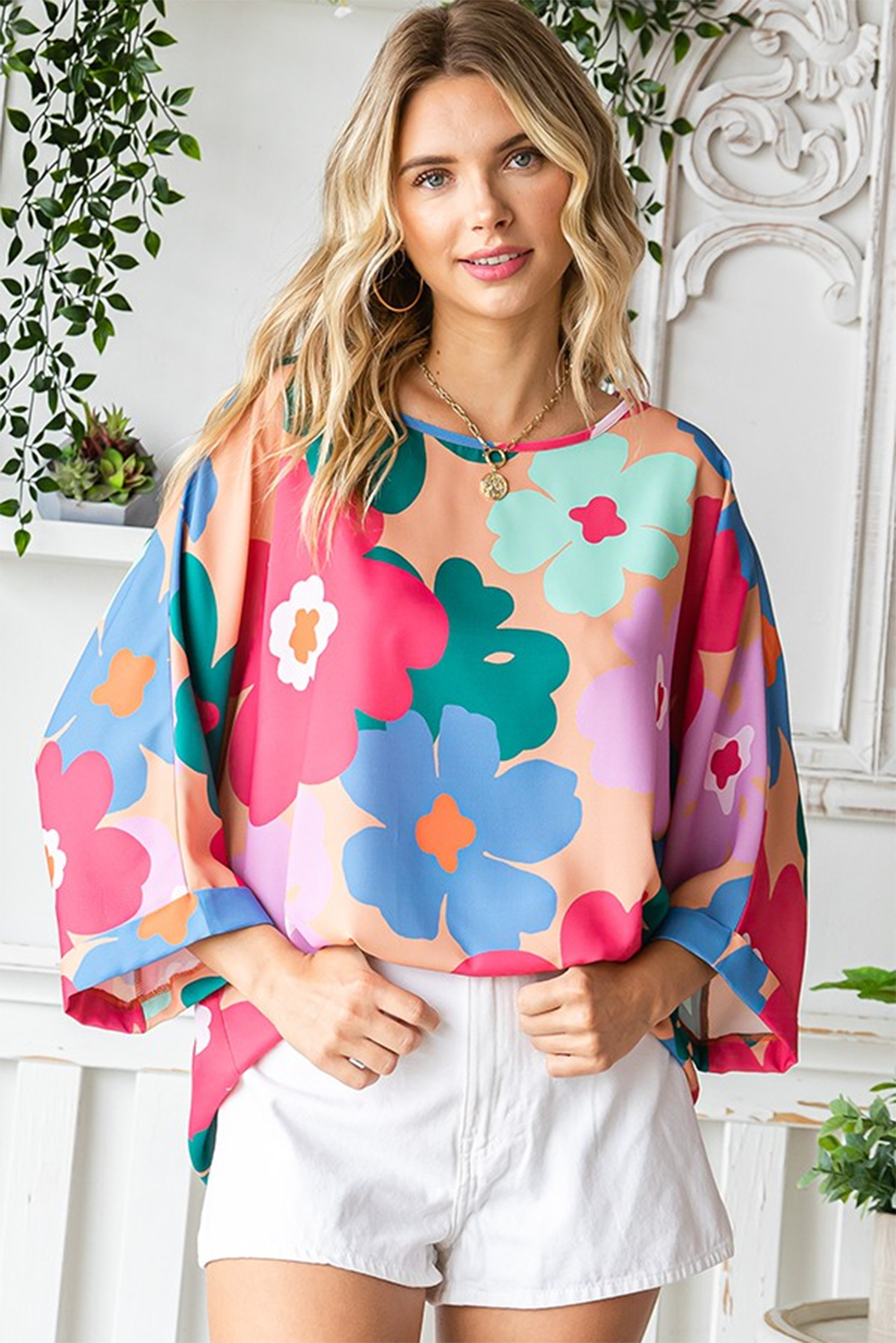 Pink Boho Floral Print Bracelet Sleeve Oversized Blouse Blouses & Shirts JT's Designer Fashion