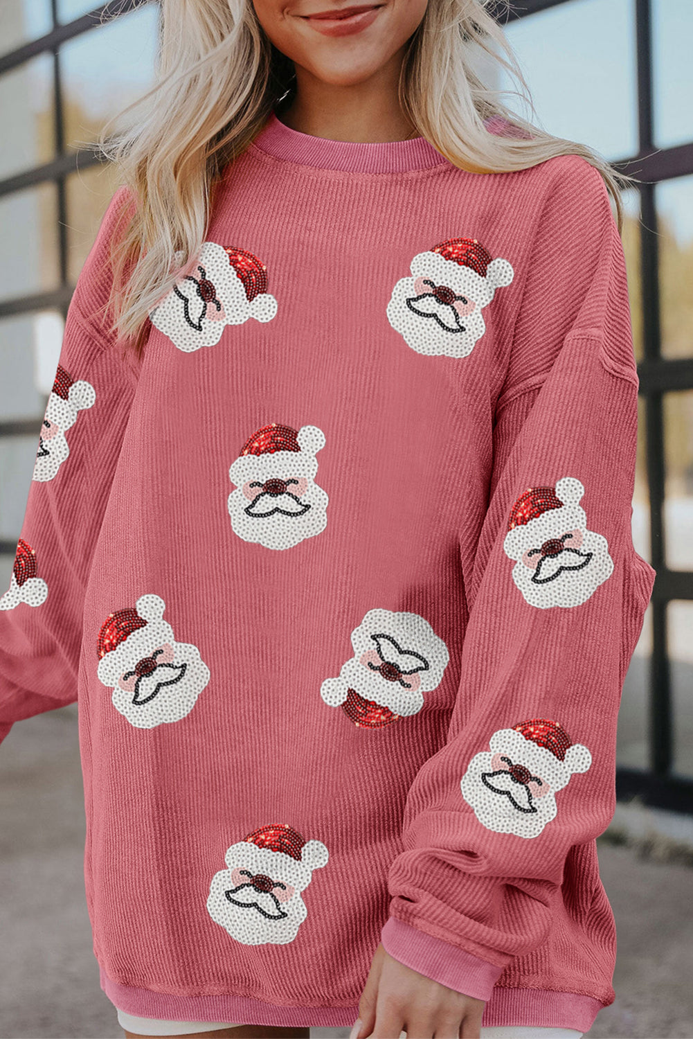 Strawberry Pink Sequin Santa Clause Christmas Corded Sweatshirt Graphic Sweatshirts JT's Designer Fashion