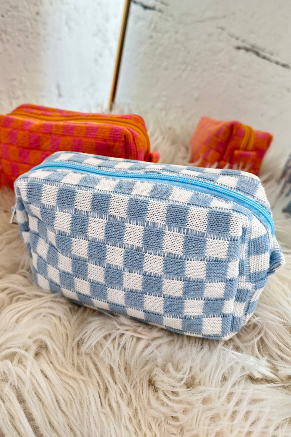 Sky Blue Checkered Knitted Zipper Makeup Bag Other Accessories JT's Designer Fashion