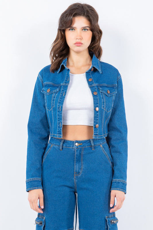 Laced Back Cropped Denim Jacket Blue Denim jackets JT's Designer Fashion