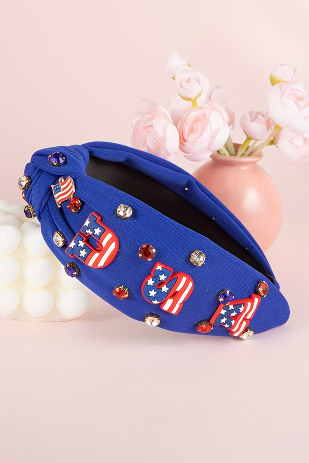 Dark Blue USA Flag Gemstone Decor Knotted Wide Headband Headwear JT's Designer Fashion