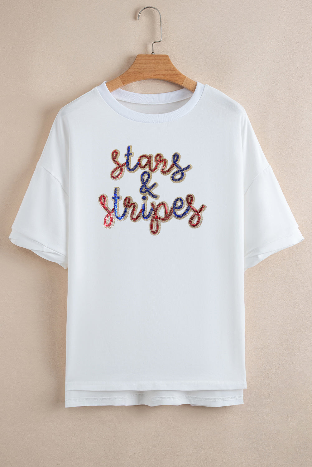 White Sequin stars & stripes Graphic Drop Shoulder Loose T Shirt Graphic Tees JT's Designer Fashion