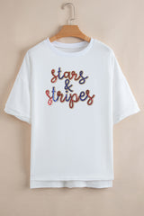 White Sequin stars & stripes Graphic Drop Shoulder Loose T Shirt Graphic Tees JT's Designer Fashion