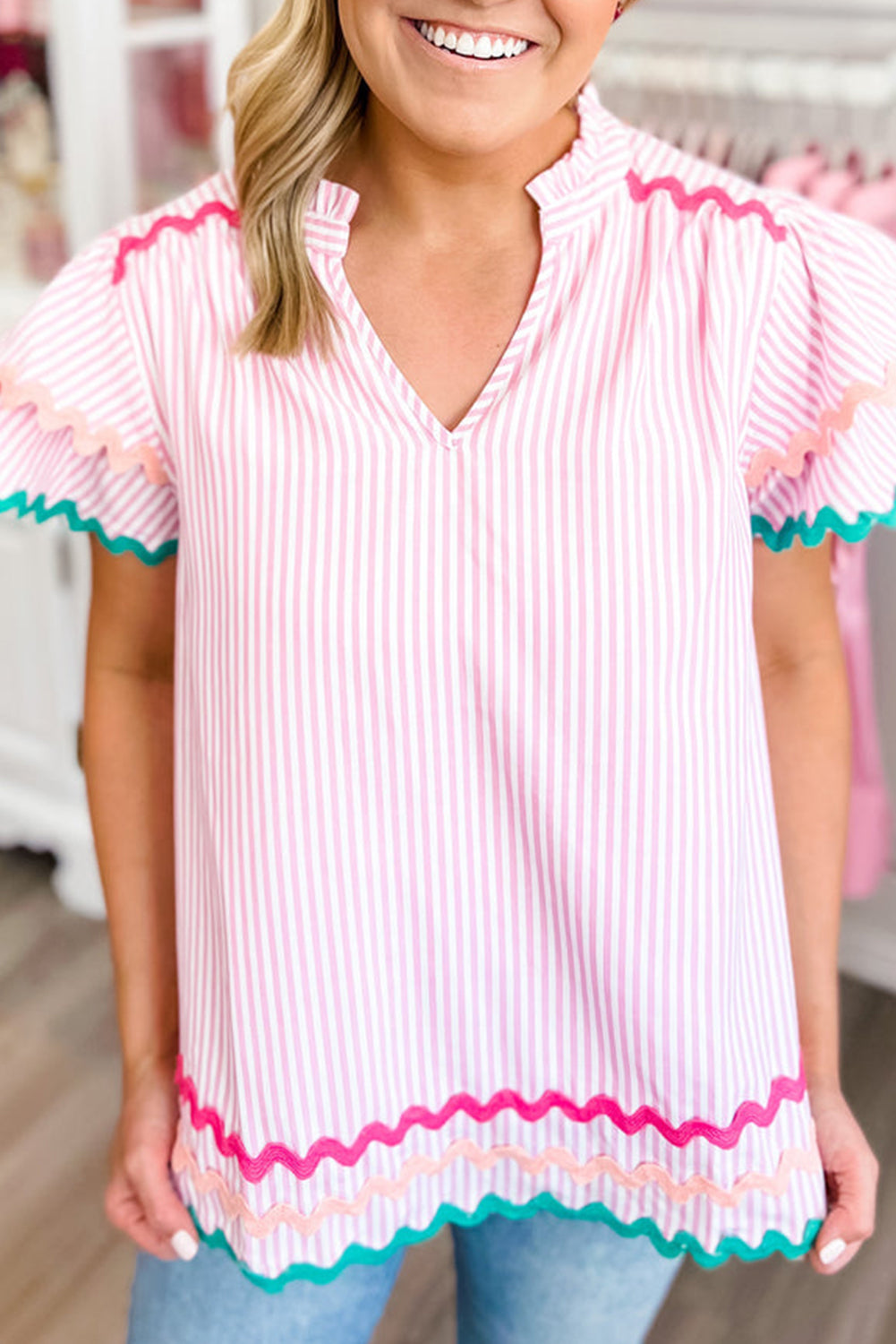 Pink Stripe Ricrac Trim Split Neck Ruffled Sleeve Top Tops & Tees JT's Designer Fashion