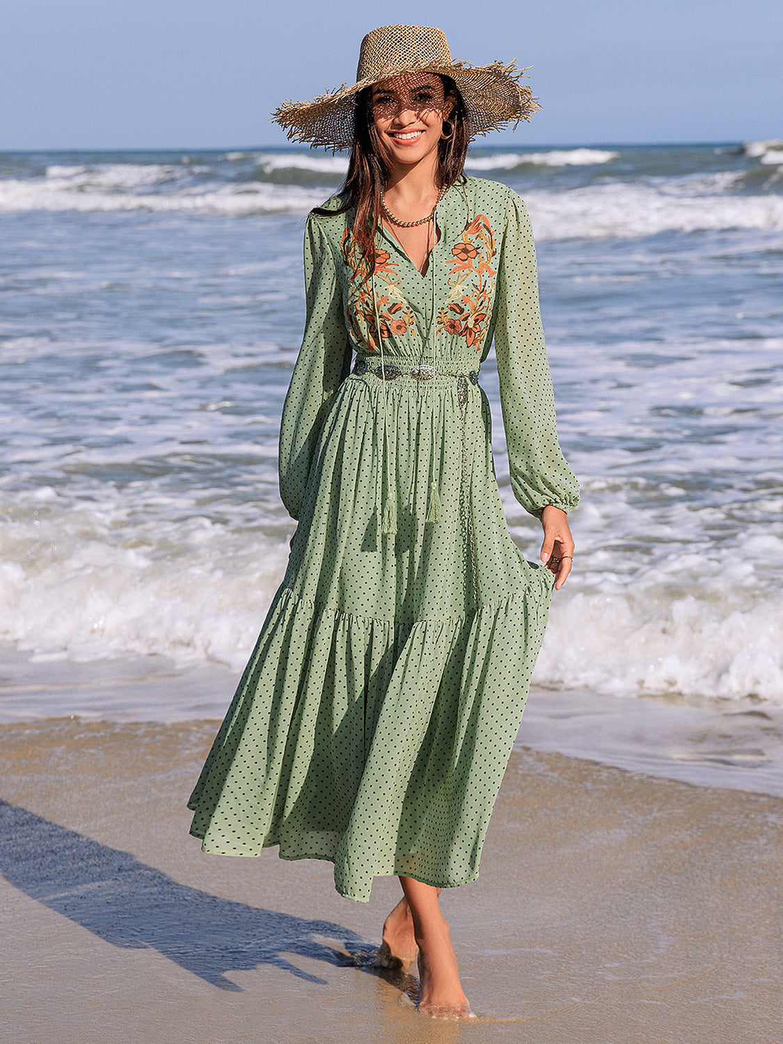 Embroidered Polka Dot Tie Neck Long Sleeve Midi Dress Maxi Dresses JT's Designer Fashion