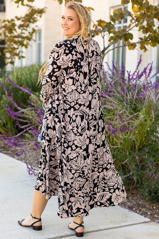 Black Plus Size Floral Printed Puff Sleeve Collared Maxi Dress Plus Size Maxi Dresses JT's Designer Fashion