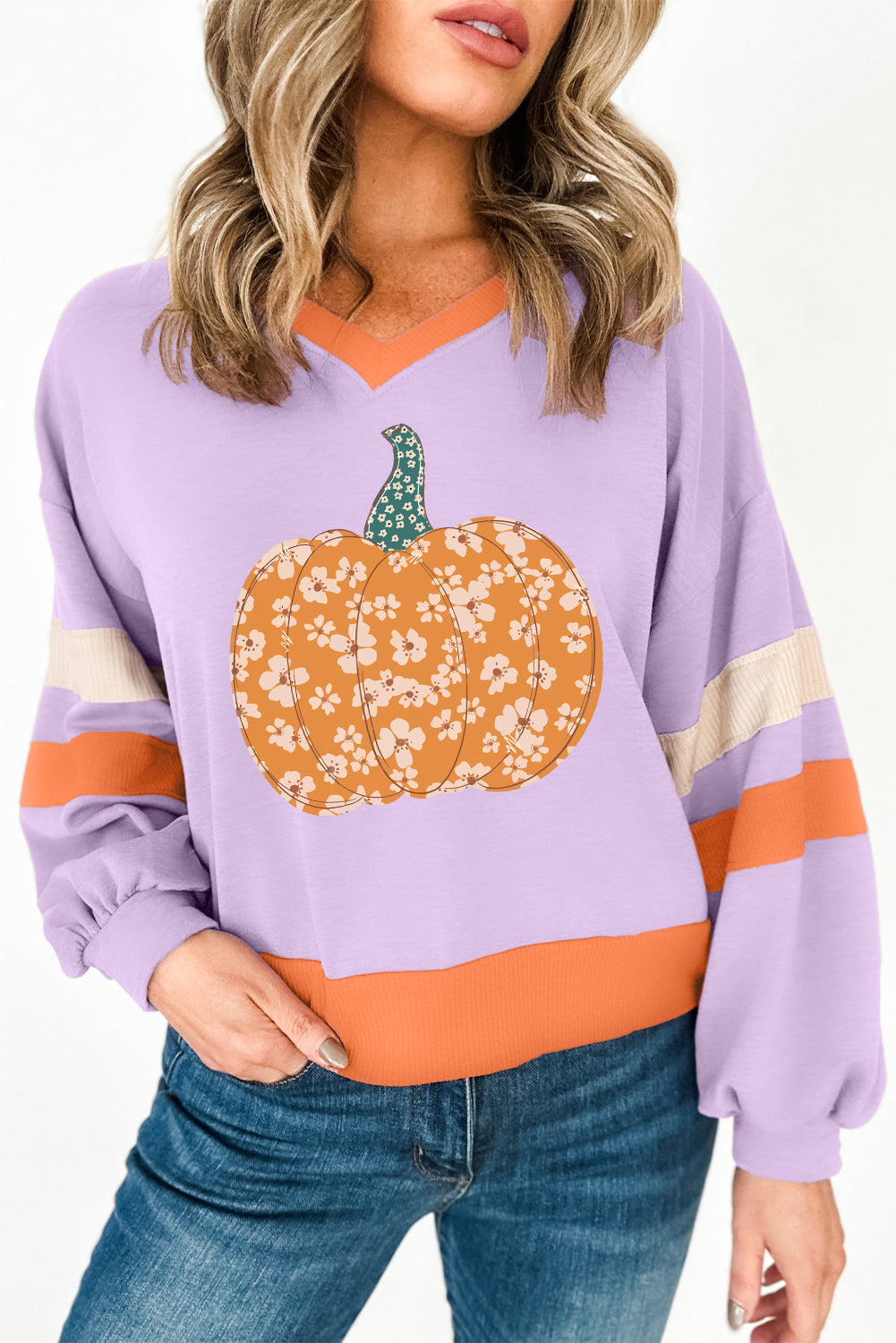 Orchid Bouquet Halloween Floral Pumpkin Color Block V Neck Sweatshirt Orchid Bouquet 65%Polyester+35%Cotton Graphic Sweatshirts JT's Designer Fashion