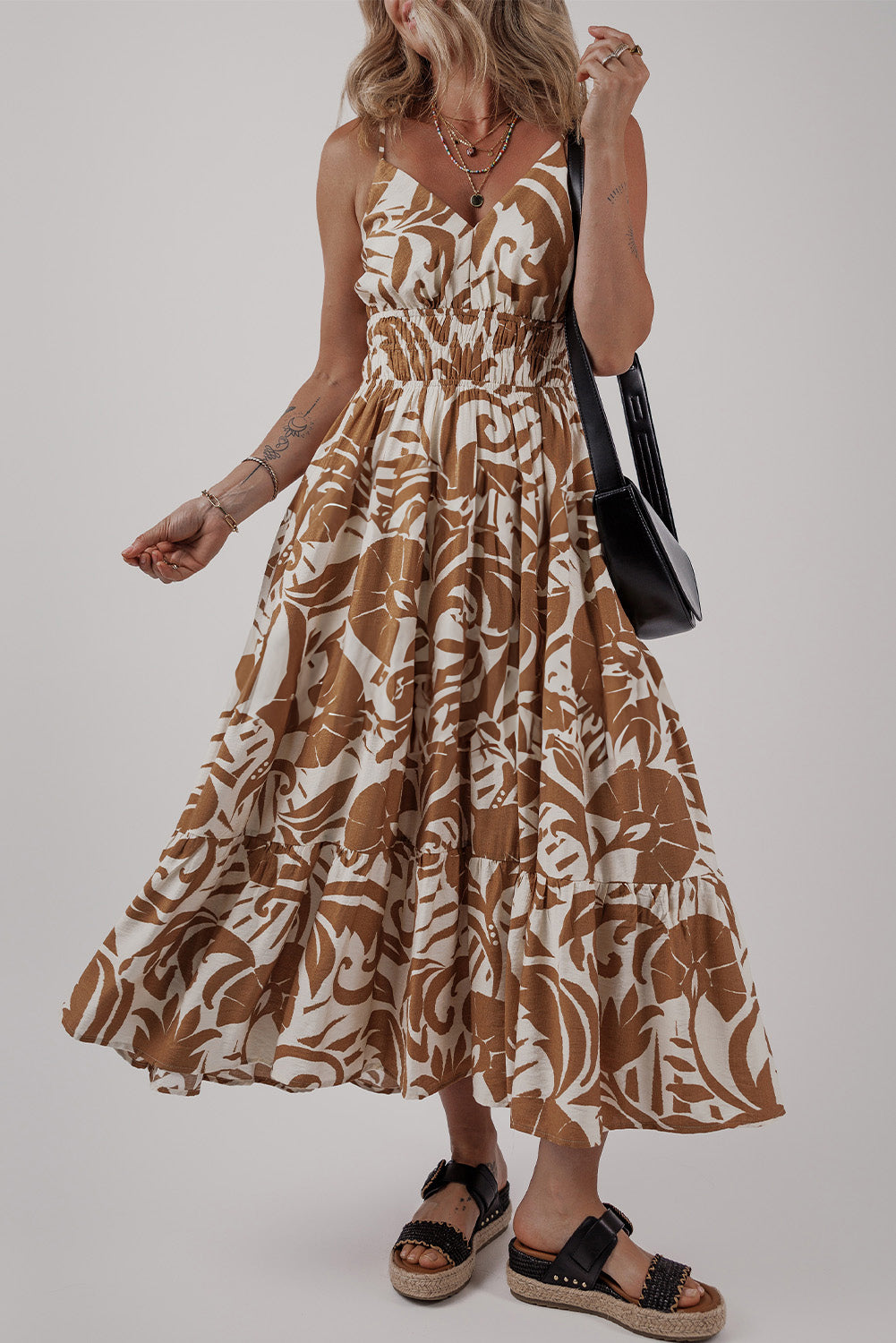 Khaki Floral Shirred High Waist Spaghetti Straps Maxi Dress Floral Dresses JT's Designer Fashion